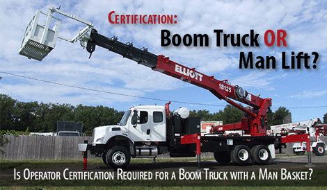 Boom truck with elevated man basket. Text reads “Certification: Boom Truck OR Man Lift? Is Operator Certification Required for a Boom Truck with a Man Basket?”.