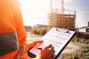 Safety professional reviewing compliance checklist at an active construction site after an OSHA inspection