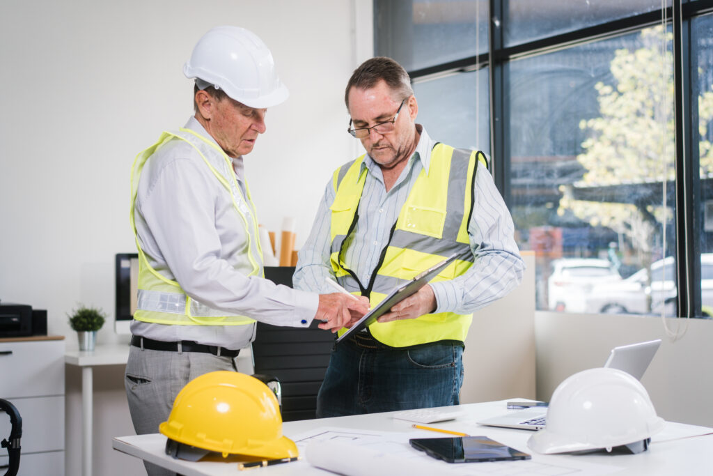 Supervisor reviewing employee training documentation with a worker in an industrial workplace.